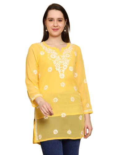 Image of Ada Women's & Girl's Georgette Hand Embroidered Lucknow Chikankari Regular Fit Short Kurti Top with Slip A911300
