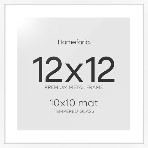 Image of Homeforia White 12x12 Picture Frames, High End Metal 12 x 12 Square Poster Frame with Mat 10 x 10 Photo, 12x12 White Frame Matted to 10x10 Print, 12by12 Thin Frames, Tempered Glass, Wall Kit, Set of 2