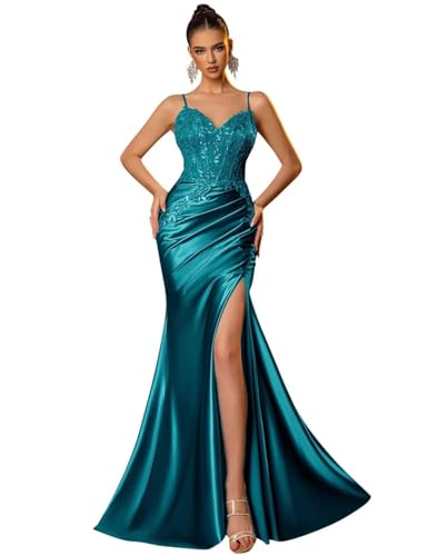 Lace Applique Satin Prom Dress Mermaid with Slit Sexy Spaghetti Strap Evening Dress V Neck Formal Party Gown