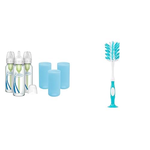 Dr. Brown's Anti-Colic Options+ Narrow Glass Baby Bottles 8oz and Level 1 Slow Flow Nipple, 3-Pack 0m+ and Blue Silicone Sleeves and Deluxe Bottle Brush w/Suction Cup Stand and Bonus Brush Blue