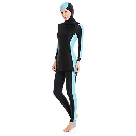 nadamuSun Modest Muslim Swimwear Islamic Swimsuit for Women Hijab Swimwear Full Coverage Swimwear Muslim Swimming Beachwear Swim Suit (Asia L ~ Ref. UK Size 10-12, BlackBlue) Cover