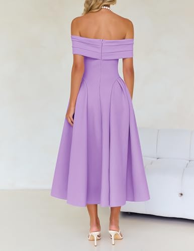 Image of ZESICA Summer 2026 Cocktail Dresses for Women's Off Shoulder Short Sleeve Swing A Line Wedding Evening Party Midi Dress