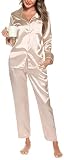 Lovasy Satin Schlafanzug Damen mit Knopfleiste Langarm Nachtwäsche Women Pyjamas Set Zweiteiliger Nachtwäsche Hausanzug,Champagner, L