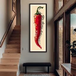 Peinture de cuisine epicee avec illustration de piment rouge sur grande toile verticale