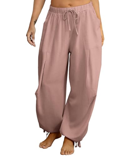 Image of Women's Linen Balloon Barrel Beach Pants Boho Harem Flowy Drawstring Casual Loose Pants with Pockets