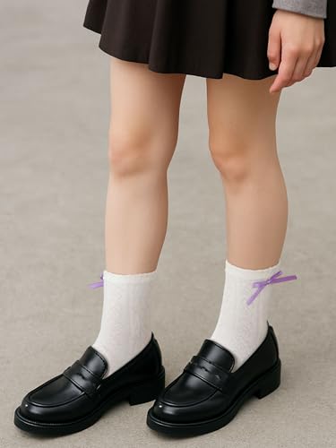 Image of Fourluoo 6 Pairs Women Ruffle Crew Socks with Bow Cute Retro Mid-calf Socks Breathable Cotton for Spring Summer Casual Daily