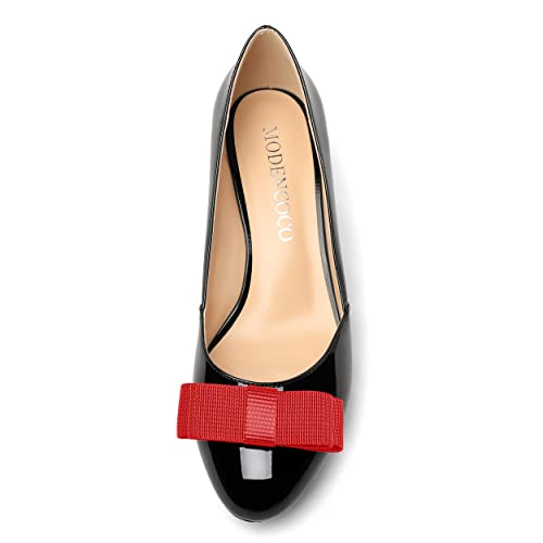 MODENCOCO Women's Round Toe Bow Slip On Patent Chunky Low Heel Pumps Office Work Dress Shoes 2 Inch3