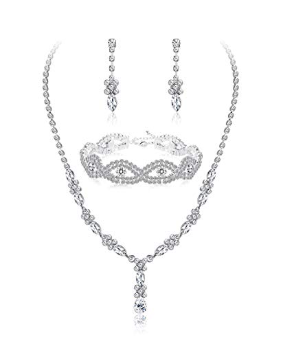 JOERICA Women's Rhinestones Bridal Necklace Dangle Earrings and Bracelet Jewelry Set Gifts Fit with Wedding Dress