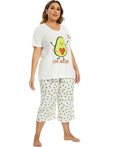 Image of Vozanet Women's Pajamas Set Soft V Neck Sleepwear Top and Capri Pj Lounge Sets Cartoon Heart Shape Cat Nighty Plus Size