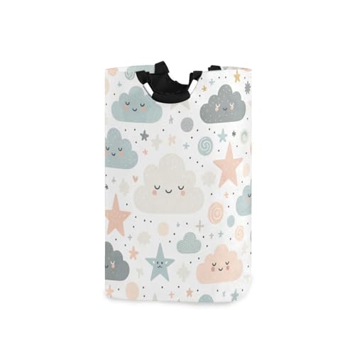 Jihqo Laundry Hamper Basket Cute Clouds Stars Collapsible Nursery Storage Bin Waterproof Clothing Baskets for Home Bedroom Bathroom Washing Room