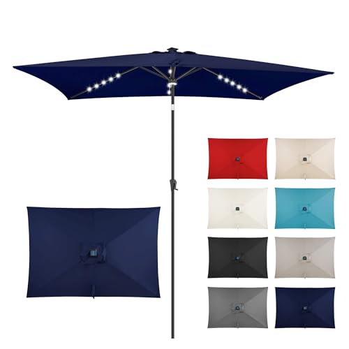FLAME&SHADE 6.5 x 10 ft Rectangular Solar Powered Outdoor Market Patio Table Umbrella with LED Lights and Tilt, Navy Blue