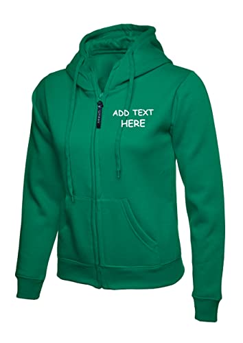 Personalised embroidered Ladies Hoodie Logo or text embroidery Unisex Olympic Classic Full Zip Hooded Sweatshirt workwear From XS to 3XL(XXL, KELLYGREEN)