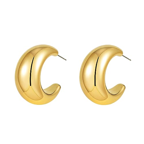 Chunky Gold Hoop Earrings for Women 14K Gold Plated Thick Hoops Open Lightweight Earrings Jewelry Trendy for Women Girls Large Drop Earrings (Gold)