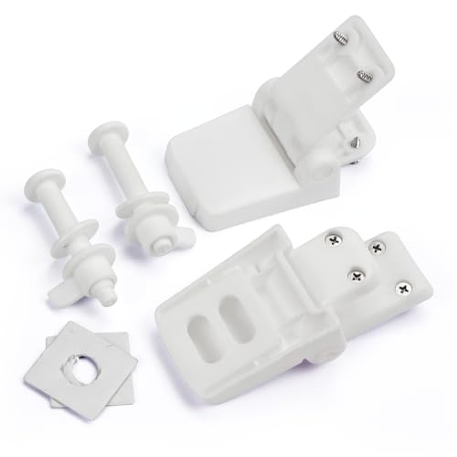 Meaferks Toilet Seat Hinges Replacement Parts – White Plastic Hinge Set with Screws, Connectors, Double Mounting Slots Optional, Universal Fit for Wooden Toilet Seats, 1 Pair White (MFL16)