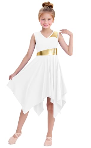 yrsZX Girl\'s Praise Dance Tunic Dress Irregular Hem Flowy Skirt Worship Liturgical Lyrical Dance Costume White, Tag 140