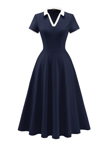 Image of Dressystar Women's 1950s Vintage Swing Dress Short Sleeve V Neck A Line Retro Rockabilly Cocktail Party Dresses With Pockets