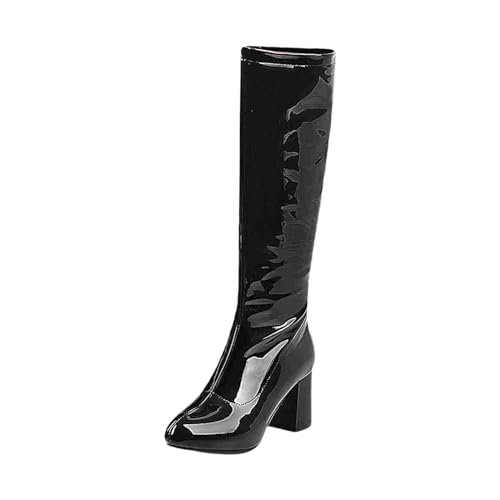 Damen Lackstiefel, Blockabsatz, hoher Absatz,...
