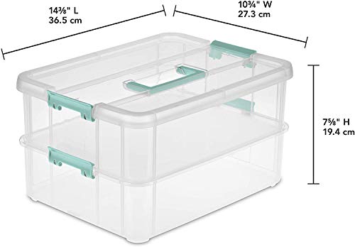 Tribello Stack & Carry 2 Layer Handle Box, Clear Plastic Stackable Case With Lid And Blue Handle - For Organization, Size 14 X 10 X 7- Made In Usa #TOP3