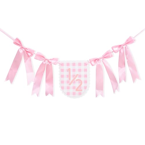 Image of Pink Ribbon Bow 1 /2 Birthday Banner - Sweet 6 Months Birthday Party Decorations,Pink White Gingham Bow Bohemian Garland,Half Way to One Cake Smash,Scalloped Banner Photo Props