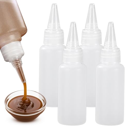 Set di 4 piccole bottiglie riutilizzabili da spremere per liquidi, in plastica, piccole salse per condimenti, salse da viaggio, mini bottiglia per il pranzo (30 ml)