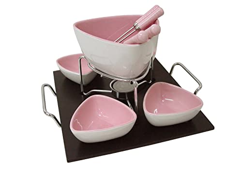 Desconocido Fondue Porcelana Chocolate Queso Carne Base 4 Cuencos Triangular Rosa 400ML + 70ML
