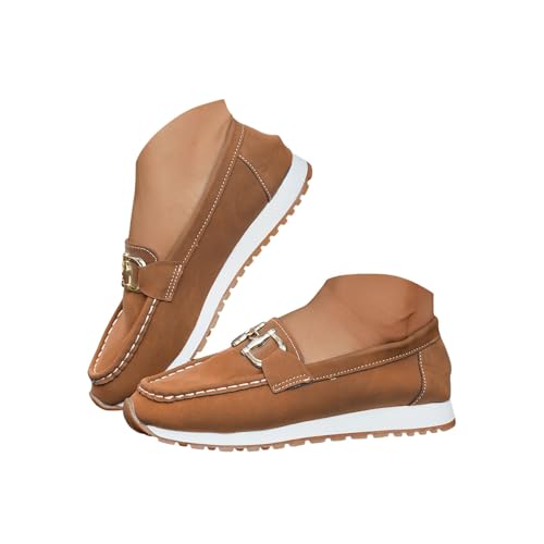 Loafers skor för kvinnor, loafers och mockasiner, damer vardag slip-on ortopediskt läder kil loafer komfort låg topp lädersko lätt plattform rund tå affärssko, C brun, 37.5 EU Bred