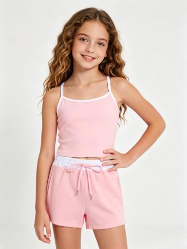 Image of Size 7-14Y Girls Clothes 2 Piece Outfits Striped Tank Top Drawstring Shorts Teen Girls Summer Clothing Sets