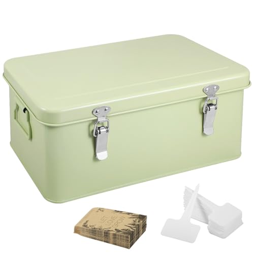 Picowe Metal Seed Storage Box Kit - 30 Seed Envelope Bags & 30 White Plant Labels for Organizing, Saving, and Storing Garden Seeds - Container for All Seed Types (Green, Large)
