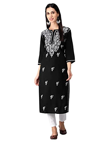 Image of Seva Chikan Hand Embroidered Lucknowi Chikankari Regular Straight Cotton Kurta Kurti for Women SCL4243