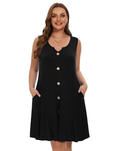 Image of LARACE Women Plus Size Summer Dresses V Neck Sleeveless A Line Sundresses Button Down Midi Dress with Pockets