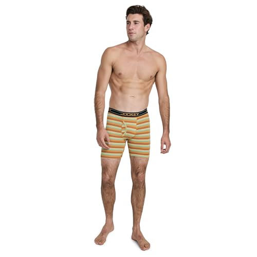 Jockey Men's Underwear Lightweight Cotton Blend 7" Long Leg Boxer Brief - 4 Pack, Solid Grey/Daring Stripe/Caspian Sea/Battleship Grey, XL4