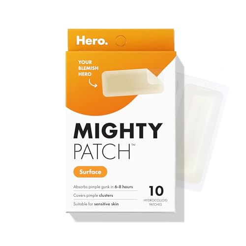 Mighty Patch Surface Large Pimple Patches for Face, Acne Spot Patch for Cheek, Forehead, and Chin, Pimple Stickers, Hydrocolloid Covers, Vegan-friendly, from Hero Cosmetics, 10 Count
