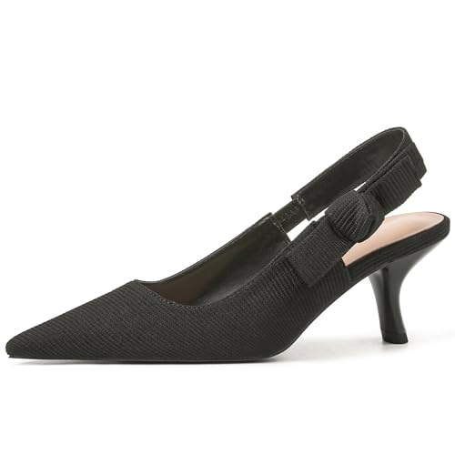 Erocalli Slingback Kitten Heels for Women Closed Pointed Toe Bowknot Knitted Slip On Black Work Pumps Wedding Dressy Shoes