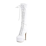  Only maker Damen Kniehoch Stiefel Plateau Hohe Schnürstiefel mit Stiletto Absatz Reißverschluss Weiß 40 EU
