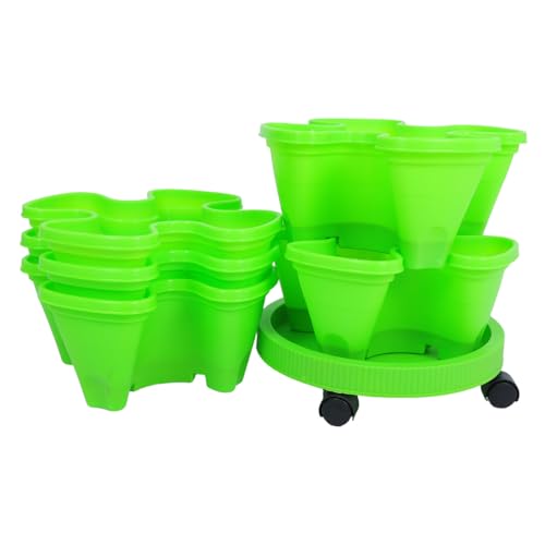 EPIGEIST Fioriera a Torre Impilabile in Plastica Verde Set 6 Pezzi Ruote Vaso per Coltivazione Fragole Erbe Aromatiche e Fiori da Esterno e Balcone Giardino Verticale Salvaspazio