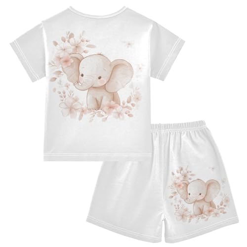 Floral Elephant Beige Pajama Set Short Sleeve PJS 2 Piece Summer Pajamas Shorts Sets Cotton 5Y2