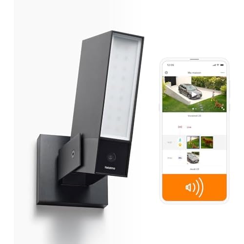 Netatmo Caméra de Surveillance Extérieure Intelligente avec Sirène 105dB, WiFi, Eclairage Intégré 12W, Détection des Mouvements, Vision Nocturne, Vidéo HD, Stockage Local, Aucun Abonnement, NOC-S-AMZ