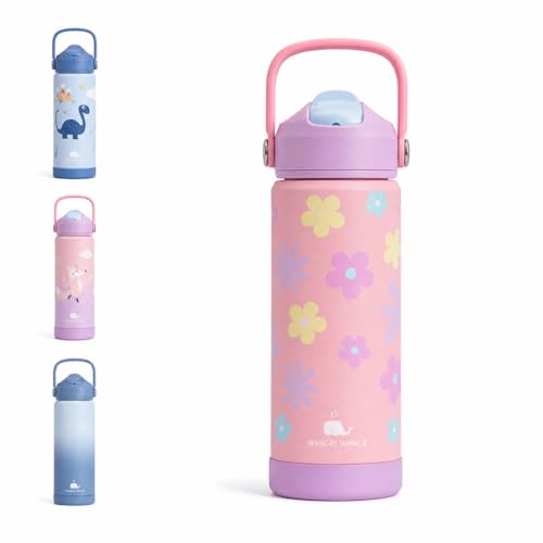 wigglywhale Stainless Steel Water Bottle for Kids - Leak Proof Kids Water Bottle for School - 550ML BPA-Free Kids Water Bottle with Straw Double Wall for Hot & Cold Liquids (Flowers)
