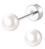 G23 Titanium Flat Back Pearl Stud Earrings for Women Girls Silver Hypoallergenic Screw Back Cartilage Studs 20G Handmade Nap Flatback Helix Tragus Piercing Jewelry 5mm