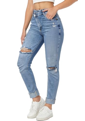 Vaceky Women Cuffed Ripped Jeans Y2K Distressed Ripped Skinny Stretchy