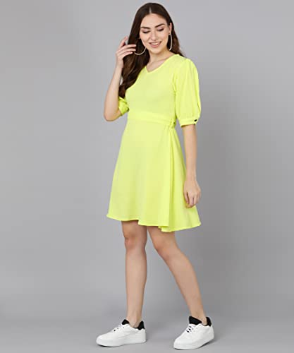 Image of Serein Women's Mini Dress (Solid Crepe Dress with Puff Sleeves, v-Neck & Waist Belt) (Yellow, Large) (SER-DRESS-HR-1-L)