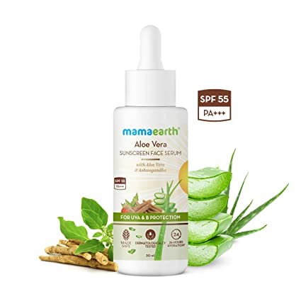 Mamaaearth Aloe Vera Sunscreen Face Serum With Spf 55, With Aloe Vera & Ashwagandha For Uva& B Protection - 30 Ml #TOP1