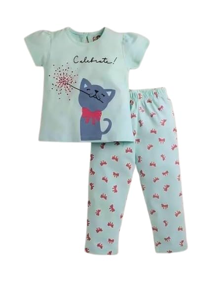 Kid Girls Green cat Printed Top & Bottom Clothing Set