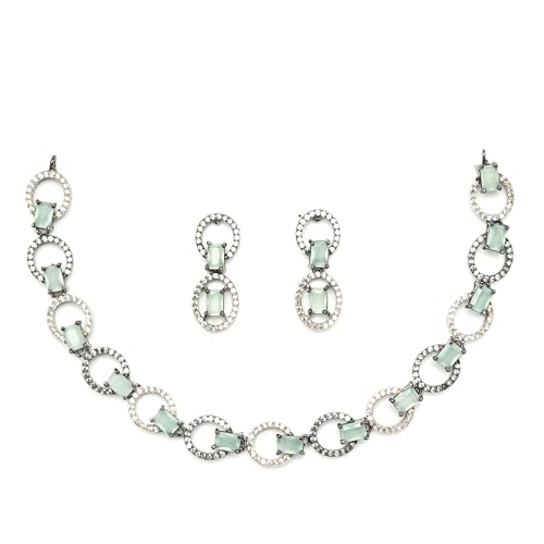 Image of ZENEME Rhodium-Plated American Diamond Studded Disc-Shaped Necklace With Earrings Jewellery Set For Girls and Women