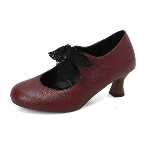 Cute Mary Jane Pumps Kitten Heel Bow Lace Slip On Comfy Plus Size Vintage Round Toe for Women Office Work Wedding Party