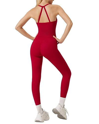 RXRXCOCO Cross Back Workout Sets for Women 2 Piece Padded Tank Tops Hidden Scrunch Leggings Gym Outfits with Pockets