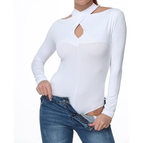 JOJOANS Bodysuit for Women Sexy Cross Wrap Cutout Long Sleeve Bodysuit Women Slimming Tops Jumpsuit, White, Large Cover