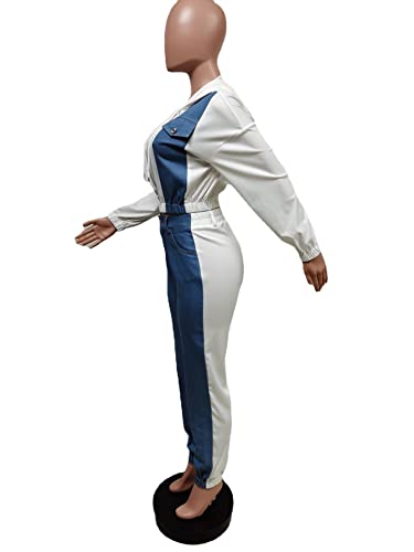 Mintsnow Womens Sexy Demin Patchwork 2 Piece Jumpsuits Long Sleeve Zipper Up Hooded Crop Coat Joggers Pants Tracksuits White Xl #TOP3