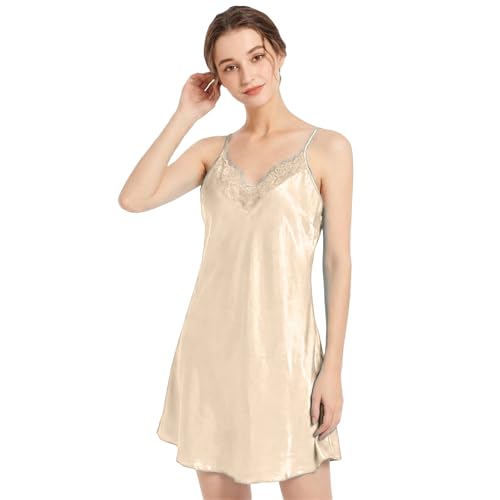 Generisch Camisón de satén de verano con ribete de encaje, vestido de dormir, sexy, negligee con cuello en V, ropa de noche, vestido de noche, tirantes delgados, minivestido urbano, elegante ropa de