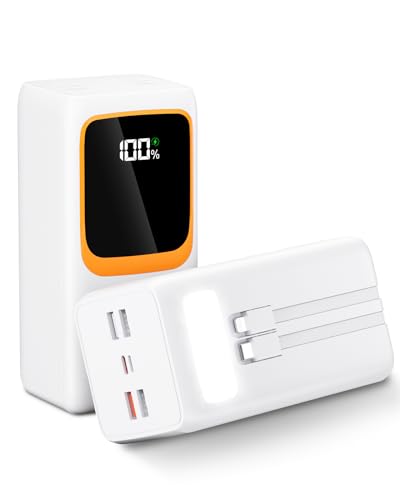 Power Bank da 50000 mAh con cavo integrato: batteria esterna da 22,5 W a ricarica rapida con grande capacità, caricatore portatile con torcia a LED e 7 uscite e 3 ingressi. RoidaRadio con